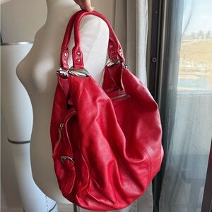 Red Leather Hobo Shoulder Bag - Classic Women's Handbag